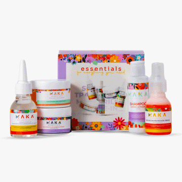 MAKA Essentials travel size hair care kit with mini shampoo conditioner hair growth drops and styling products for on-the-go hair care